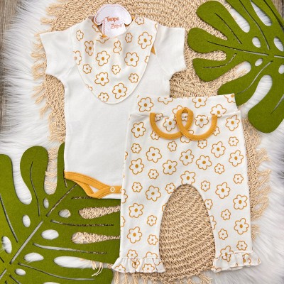 Conjunto M/c + Bandana Flores Mostarda e Off